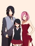  2girls bare_shoulders black_hair breasts cleavage dress dress_shirt facial_mark family father_and_daughter forehead_mark formal glasses green_eyes hair_over_one_eye hairband hand_on_hip haruno_sakura husband_and_wife looking_at_viewer mother_and_daughter multiple_girls naruto naruto_(series) necktie pink_hair red_dress red_eyes sharingan shirt small_breasts smile strapless strapless_dress thighhighs uchiha_sarada uchiha_sasuke vic waistcoat zettai_ryouiki 