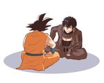  black_hair crossover doudanuki_masakuni dragon_ball dragon_ball_z from_behind grin indian_style male_focus multiple_boys sarashi scar sitting smile son_gokuu spiked_hair touken_ranbu yellow_eyes yukko7474 