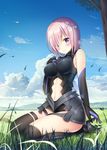  ankle_boots armor armored_dress bare_shoulders black_dress black_gloves black_legwear blue_sky blush bodysuit boots breasts closed_mouth cloud clover day dress elbow_gloves fate/grand_order fate_(series) field full_body gloves grass grey_footwear hair_over_one_eye high_heel_boots high_heels lavender_hair legs looking_at_viewer mash_kyrielight medium_breasts navel navel_cutout outdoors pink_hair purple_eyes seiza short_hair sitting sky sleeveless sleeveless_dress smile solo sousouman stomach thigh_strap thighhighs thighs tree 