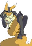  2017 alpha_channel alternate_color anthro anthrofied areola big_breasts black_fur black_sclera breasts butt canine claws english_text female fur hi_res legs_up lucario mammal nintendo nipples nude pawpads pink_nipples pok&eacute;mon purple_eyes pussy shiny_pok&eacute;mon signature solo spikes teeth text toe_claws tuft video_games white_fur yawg yellow_fur 