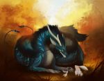  2018 ambiguous_gender ashesdrawn blue_eyes blue_fur day detailed_background digital_media_(artwork) dragon eastern_dragon fantasy feral forest fur grass group lagomorph mammal outside rabbit tree 