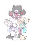  adapted_costume afro amethyst_(steven_universe) animal_ears bear_ears black_hair blue_eyes breasts brown_hair cleavage dark_skin dress fang garnet_(steven_universe) gem gloves hair_over_one_eye highres looking_at_viewer midriff multiple_girls open_mouth pale_skin parody paw_gloves paw_shoes paws pearl_(steven_universe) pointy_nose purple_eyes purple_skin shoes sofia_davila steven_universe sunglasses yuri_kuma_arashi 