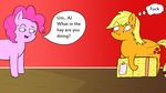  applejack_(mlp) blonde_hair blue_eyes blush dialogue english_text equine female friendship_is_magic fur hair hay invalid_tag mammal my_little_pony nervous open_mouth orange_fur paper pink_fur pink_hair pinkie_pie_(mlp) simonsaysgreen simple_background speech_bubble sweat text 