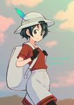  backpack bag black_eyes black_gloves black_hair character_name cloud collarbone copyright_name cowboy_shot evening eyebrows_visible_through_hair feathers from_side gloves hair_between_eyes hat hat_feather helmet inumoto jpeg_artifacts kaban_(kemono_friends) kemono_friends looking_at_viewer outdoors pantyhose pith_helmet red_shirt romaji shirt short_hair short_sleeves shorts sky smile solo tareme walking 