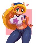  &lt;3 anthro bandicoot big_breasts blonde_hair breasts clothed clothing coco_bandicoot crash_bandicoot_(series) crop_top female green_eyes hair hand_on_hip jeans leaning leaning_forward long_hair mammal marsupial midriff navel pants shirt simple_background smile solo sssonic2 standing v_sign video_games 