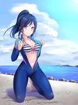  barefoot bikini blue_hair blue_sky blush bodysuit breasts cleavage cloud collarbone day diving_suit front-tie_top highres kanabun kneeling long_hair looking_at_viewer love_live! love_live!_sunshine!! matsuura_kanan medium_breasts navel ocean outdoors ponytail purple_eyes sky smile solo striped striped_bikini swimsuit water 