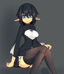  2016 black_clothing black_hair blue_eyes breasts butt clothed clothing dark_background elf female fully_clothed grey_background hair hand_on_knee humanoid legwear looking_at_viewer not_furry pointy_ears simple_background sitting smile solo sub-res thigh_highs 