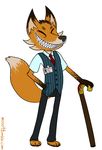 2013 anthro cane canine clothed clothing digital_media_(artwork) eyes_closed fox fur gentlemen hi_res male mammal moootle open_mouth red_(rq) ruby_quest simple_background smile solo staff_member standing suit teeth white_background 