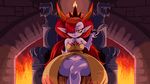  2017 bedroom_eyes breasts chair clothing cute_fangs dress fire fireplace hair hair_over_eye half-closed_eyes hekapoo horn humanoid looking_at_viewer navel no_underwear not_furry plagueofgripes pointy_ears scissors seductive sitting smile star_vs._the_forces_of_evil thick_thighs throne 