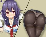  1girl ahoge ass bent_over black_legwear black_skirt breasts crotch_seam from_behind huge_ass kantai_collection large_breasts long_hair looking_at_viewer panties panties_under_pantyhose pantyhose purple_eyes purple_hair sailor_collar shirt skirt solo stuck taigei_(kantai_collection) terakoya thighband_pantyhose through_wall underwear wall white_shirt 