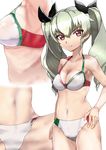  &gt;:( anchovy arm_at_side bikini black_ribbon breasts cowboy_shot drill_hair flag_print frown girls_und_panzer green_hair hair_ribbon hand_on_hip highres italian_flag italian_flag_bikini long_hair looking_at_viewer medium_breasts multiple_views navel print_bikini red_eyes ribbon sideboob sikijou77o simple_background standing stomach swimsuit twin_drills twintails v-shaped_eyebrows white_background 