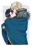  ar_(rikuesuto) black_hair blue_eyes blush cape closed_mouth eye_contact fate/extra fate/grand_order fate_(series) fujimaru_ritsuka_(male) gawain_(fate/extra) gawain_(fate/grand_order) gloves heart hug imminent_kiss looking_at_another male_focus multiple_boys parted_lips platinum_blonde_hair shared_cape shared_clothes smile spoken_heart spoken_squiggle squiggle yaoi 