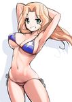  aegis_(nerocc) american_flag_bikini armpits arms_behind_head bikini blonde_hair breasts cowboy_shot flag_print girls_und_panzer green_eyes grin kay_(girls_und_panzer) large_breasts long_hair looking_at_viewer mismatched_bikini navel side-tie_bikini simple_background smile solo standing swimsuit white_background 