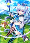  animal_band_legwear animal_ears blue_eyes blue_hair cat cat_band_legwear cat_ears cat_tail highres lacrosse lacrosse_stick long_hair moe2017 ooji_cha original school_uniform serafuku solo tail thighhighs 