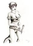  2001 animal_humanoid breasts cat_humanoid cleavage clothed clothing feline female hair humanoid mammal melee_weapon monochrome nicki_(peter_keres) peter_keres portrait short_hair skimpy solo standing sword weapon 