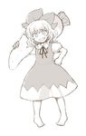  :d barefoot bow carrying_over_shoulder cirno comic commentary daikon dress full_body greyscale grin hair_bow hand_on_hip looking_at_viewer monochrome no_wings open_mouth over_shoulder pigeon-toed pinafore_dress puffy_short_sleeves puffy_sleeves shirt short_hair short_sleeves smile solo standing tako_(plastic_protein) touhou white_background 