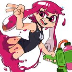  2017 5_fingers breasts butt cephalopod digital_media_(artwork) female humanoid ink inkling japanese_swimsuit lakilolom looking_at_viewer marine nintendo not_furry open_mouth pose sharp_teeth simple_background solo splatoon squid teeth tentacle_hair tentacles video_games water_gun weapon white_background 