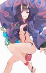  :d ankle_ribbon ass bare_shoulders barefoot barefoot_sandals black_hair breasts fate/grand_order fate_(series) gourd hair_ornament highres horns hsin japanese_clothes kimono looking_at_viewer navel oni oni_horns open_mouth purple_eyes revealing_clothes ribbon short_hair shuten_douji_(fate/grand_order) small_breasts smile solo 