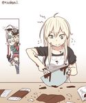  absurdres alternate_costume apron bismarck_(kantai_collection) black_shirt blonde_hair blue_eyes bowl chocolate commentary_request graf_zeppelin_(kantai_collection) hat highres kantai_collection kiritto long_hair military military_hat military_uniform mixing_bowl multiple_girls peaked_cap peeking_out prinz_eugen_(kantai_collection) shirt short_hair twitter_username u-511_(kantai_collection) uniform valentine whisk z1_leberecht_maass_(kantai_collection) z3_max_schultz_(kantai_collection) 