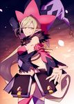  armpits bangs bare_shoulders belt black_sleeves blonde_hair book breasts detached_sleeves eyelashes grin hat hatozake lock long_hair magilou_(tales) medium_breasts mismatched_sleeves pink_sleeves pointy_ears sky smile solo tales_of_(series) tales_of_berseria teeth thighhighs very_long_hair 