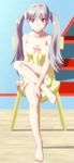  1girl bangs bare_legs bare_shoulders barefoot camisole feet female long_hair looking_at_viewer monogatari_(series) oikura_sodachi owarimonogatari silver_hair sitting solo strap_slip toes twintails 