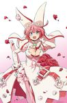  1girl ahoge arc_system_works asahi_minoru blue_eyes blush bow breasts bridal_veil bullet bunny_ears cleavage clover dress elphelt_valentine four-leaf_clover gloves guilty_gear guilty_gear_xrd gun large_breasts long_sleeves looking_at_viewer open_mouth pink_hair ribbon shiny shiny_hair shiny_skin short_hair smile sniper_rifle solo thighhighs veil wedding_dress white_dress 