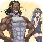  1girl blush closed_eyes dark_skin grin hairlocs hands_on_hips haruna_(kantai_collection) headgear jack_(slaintheva) kantai_collection meme_attire muscle smile sweatdrop tawawa_challenge the_first_ship_of_the_kongou_from_jamaica thighhighs veins very_dark_skin virgin_killer_sweater zettai_ryouiki 