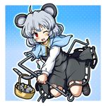  ;d ahoge animal_ears basket black_footwear blue_background capelet dowsing_rod eruru_(erl) full_body grey_hair grey_skirt grey_vest highres jewelry long_sleeves looking_at_viewer mouse mouse_ears mouse_girl mouse_tail nazrin one_eye_closed open_mouth pendant polka_dot polka_dot_background red_eyes shoes skirt smile solo tail touhou vest 