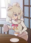  :d alpaca_ears alpaca_suri_(kemono_friends) animal_ears bangs blonde_hair blue_eyes breasts cafe chair cup curtains eyebrows_visible_through_hair fur_collar fur_trim hair_bun hair_over_one_eye hair_ribbon holding holding_cup indoors inumoto jpeg_artifacts kemono_friends long_sleeves looking_at_viewer medium_breasts neck_ribbon open_mouth pocket ribbon saucer short_hair smile solo swept_bangs table tareme tea teacup teapot tress_ribbon window wooden_chair wooden_table 