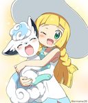  ;o ^_^ ^o^ alolan_form alolan_vulpix bangs bare_shoulders blonde_hair blunt_bangs blush braid closed_eyes dress eromame green_eyes happy hat hug lillie_(pokemon) long_hair looking_at_viewer one_eye_closed open_mouth pokemon pokemon_(anime) pokemon_(creature) pokemon_sm_(anime) sleeveless sleeveless_dress sun_hat twin_braids twitter_username vulpix white_hat 