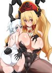  animal_ears anne_bonny_(fate/grand_order) ass ass_grab ayuayu_(shouyu_no_sato) blonde_hair blue_eyes breasts bunny_ears bunnysuit cameltoe covered_navel fate/grand_order fate_(series) hat highres large_breasts leotard mary_read_(fate/grand_order) multiple_girls pantyhose red_eyes silver_hair smile thighhighs white_background zettai_ryouiki 