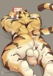  2017 anthro back_muscles balls barefoot biceps black_fur butt console feline flaccid fur lying malcus_pine male mammal musclegut muscular muscular_male nude on_front orange_fur penis signature solo stripes tiger toes white_fur 