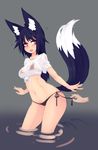  &gt;:( 2016 animal_humanoid bikini black_hair black_tail blush breasts butt canine clothed clothing disembodied_hand duo female fox fox_humanoid frown glare grey_background hair humanoid long_hair mammal navel open_mouth partially_clothed red_eyes shirt simple_background slit_pupils standing sub-res swimsuit tied_shirt undressing water wet_shirt wide_hips 