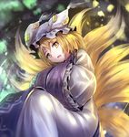  blonde_hair collar dress fox_tail frilled_collar frilled_hat frilled_sleeves frills hands_in_opposite_sleeves hat minust multiple_tails open_mouth pillow_hat short_hair solo tabard tail touhou white_dress yakumo_ran yellow_eyes 