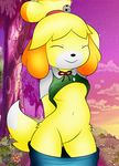  2015 animal_crossing anthro black_nose breasts canine clothed clothing clothing_lift convenient_censorship dog eyes_closed featureless_crotch female isabelle_(animal_crossing) looking_at_viewer mammal navel nintendo partially_clothed shih_tzu shirt shirt_lift skirt solo video_games zinzoa 