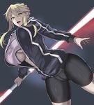  artoria_pendragon_(all) artoria_pendragon_(lancer_alter) bangs bike_shorts black_background black_jacket blonde_hair braid breasts center_opening cosplay cowboy_shot crotch_seam double-blade dutch_angle energy_sword fate/grand_order fate_(series) from_below hair_bun highres holding holding_sword holding_weapon huge_breasts jacket lightsaber long_hair midriff mysterious_heroine_x_(alter) mysterious_heroine_x_(alter)_(cosplay) name_tag saberstaff shirt sidelocks solo swept_bangs sword t-shirt takara_joney taut_clothes taut_shirt thick_thighs thighs track_jacket underboob weapon white_shirt yellow_eyes 