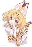  animal_ears banned_artist bare_shoulders blonde_hair blush boots bow bowtie breasts center_frills elbow_gloves extra_ears from_above gloves kemono_friends kneeling konomi_(kino_konomi) looking_at_viewer looking_up medium_breasts open_mouth panties paw_pose serval_(kemono_friends) serval_ears serval_tail short_hair skirt sleeveless smile solo tail thighhighs underwear yellow_eyes 