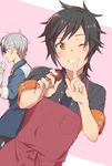  ;) apron bad_id bad_pixiv_id black_hair blue_eyes blush chagama-chan chocolate dutch_angle finger_to_mouth grey_hair grin jude_mathis looking_down ludger_will_kresnik male_focus multicolored_hair multiple_boys one_eye_closed orange_eyes smile streaked_hair tales_of_(series) tales_of_xillia tales_of_xillia_2 valentine 