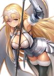  absurdres akita_hika armor armpits bangs black_legwear blonde_hair breasts cleavage detached_sleeves fate/apocrypha fate_(series) fur_trim gauntlets highres jeanne_d'arc_(fate) jeanne_d'arc_(fate)_(all) large_breasts leaning_forward long_hair looking_at_viewer silver_eyes simple_background smile solo thighhighs very_long_hair weapon white_background 