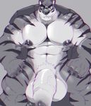  2016 abs anthro armpit_hair balls biceps big_balls big_muscles cursedmarked feline fur half-closed_eyes huge_balls hyper hyper_balls hyper_muscles hyper_penis looking_at_viewer male mammal monochrome muscular muscular_male navel nipples nude pecs penis piercing pubes signature sitting smile solo stripes thick_penis tiger vein veiny_penis 
