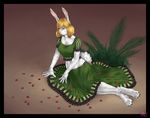  2016 anthro big_ears black_claws blonde_hair carrot_(one_piece) claws clothing dress feet fmeale fur hair lagomorph mammal midriff minkmen_(one_piece) one_piece pinup pose rabbit red_eyes rodenbeard whiskers white_fur 