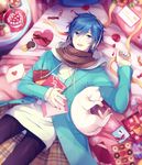  akiyoshi_(tama-pete) anniversary bed birthday blue_eyes blue_hair blue_nails cake cat chocolate commentary flower food gift hair_between_eyes headphones ice_cream kaito letter long_sleeves looking_at_viewer lying male_focus nail_polish on_back open_mouth pillow rose scarf smile solo text_focus vocaloid wire 