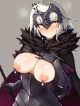  anger_vein armor black_gloves blonde_hair blush breasts cape fate/grand_order fate_(series) gloves headpiece huge_breasts jeanne_d'arc_(alter)_(fate) jeanne_d'arc_(fate)_(all) kurowa nipple_piercing nipples piercing revision shirt_lift solo type-moon yellow_eyes 