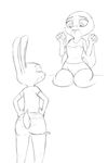  2017 akiric anthro black_and_white breasts butt clothed clothing disney female hands_on_hips judy_hopps kneeling lagomorph mammal monochrome pen rabbit rear_view simple_background small_breasts smile solo underboob_challenge white_background zootopia 