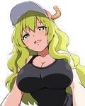  bangs bare_shoulders baseball_cap black_shirt blonde_hair breasts cleavage collarbone commentary_request dragon_girl dragon_horns eyebrows_visible_through_hair from_below gradient gradient_eyes green_eyes hair_between_eyes hat heterochromia horns kobayashi-san_chi_no_maidragon large_breasts lips long_hair looking_at_viewer multicolored multicolored_eyes open_mouth pink_hat purple_eyes quetzalcoatl_(maidragon) shirt simple_background sleeveless slit_pupils smile solo tank_top tawashi1623 upper_body wavy_hair white_background yellow_pupils 