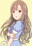  blush brown_eyes brown_hair commentary_request highres idolmaster idolmaster_cinderella_girls long_hair looking_at_viewer mizumoto_yukari open_mouth simple_background solo striped toufuu yellow_background 