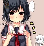  alternate_costume black_hair black_serafuku braid commentary_request cosplay costume_switch hair_flaps hair_ornament hair_over_shoulder highres kantai_collection long_hair multiple_girls neckerchief piano_(seiga16846637) red_eyes red_neckwear remodel_(kantai_collection) school_uniform serafuku shigure_(kantai_collection) shigure_(kantai_collection)_(cosplay) short_hair single_braid sweatdrop yamashiro_(kantai_collection) younger 