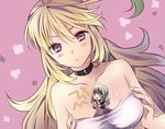  ahoge bare_shoulders between_breasts blonde_hair blush breast_hold breasts choker cleavage collarbone dress elize_lutus eyelashes green_eyes large_breasts long_hair looking_at_viewer milla_maxwell multiple_girls open_mouth pink_background pink_eyes tales_of_(series) tales_of_xillia todo_no_tsumari 