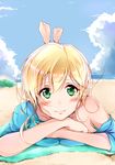  bad_feet bad_id bad_pixiv_id barefoot blonde_hair blush breast_press breasts crossed_arms feet_up green_eyes highres large_breasts long_hair looking_at_viewer nakayuri_mikoto no_bra off_shoulder original shi-2 shiori_no_uso_wa_yo_no_makoto smile solo 