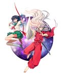  1girl :o animal_ears arrow barefoot black_hair bow_(weapon) brown_footwear circle dog_ears floating_hair foreshortening green_skirt higurashi_kagome inuyasha inuyasha_(character) japanese_clothes jewelry jumping kneehighs long_hair motobi_(mtb_umk) necklace pants pearl_necklace pleated_skirt red_pants school_uniform serafuku sheath shoes silver_hair skirt sword weapon white_legwear wide_sleeves 